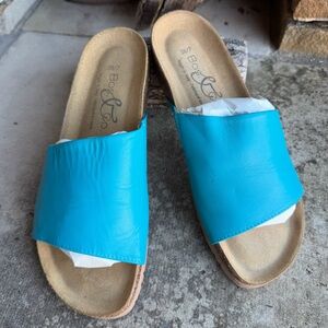 Bos & Co Lux Slide Leather Sandal with Cork footbed in Teal Sz-38(US 7).   W